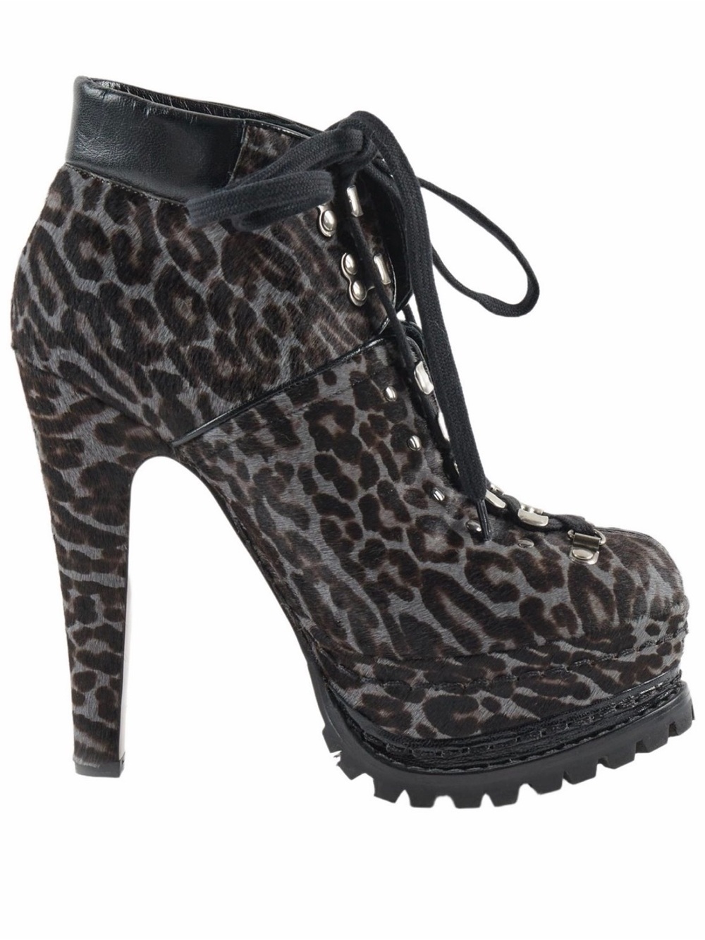 Azzedine Alaïa Grey Leopard Calf Hair / Pony Hair Platform Hiking Booties
